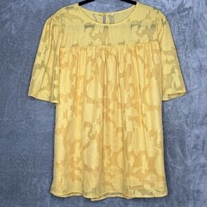 Amazon XXL 2X Top Shirt Yellow Floral Flower Round Neck Short Sleeve Semi Sheer